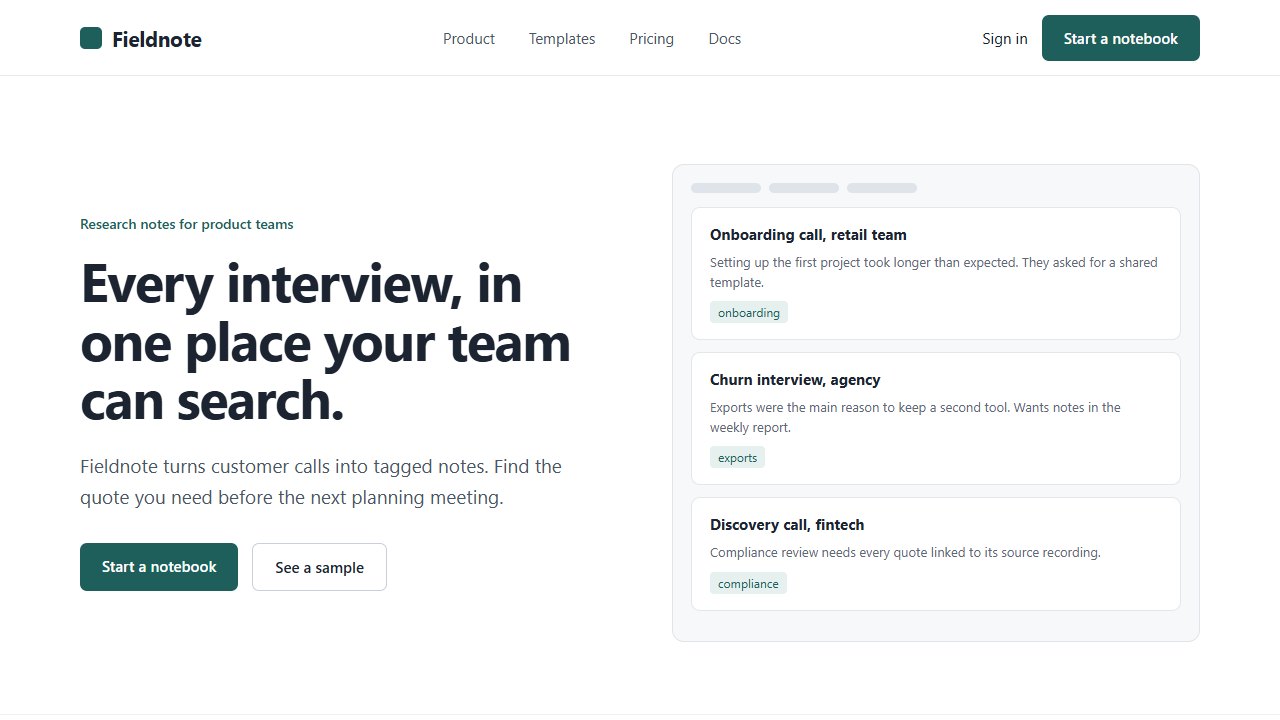 Fictional Fieldnote landing page used as model input