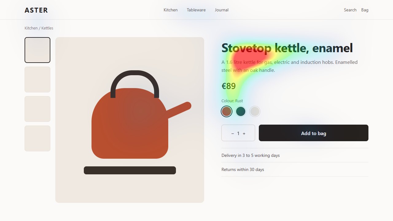 Version A of the fictional product page with its attention map